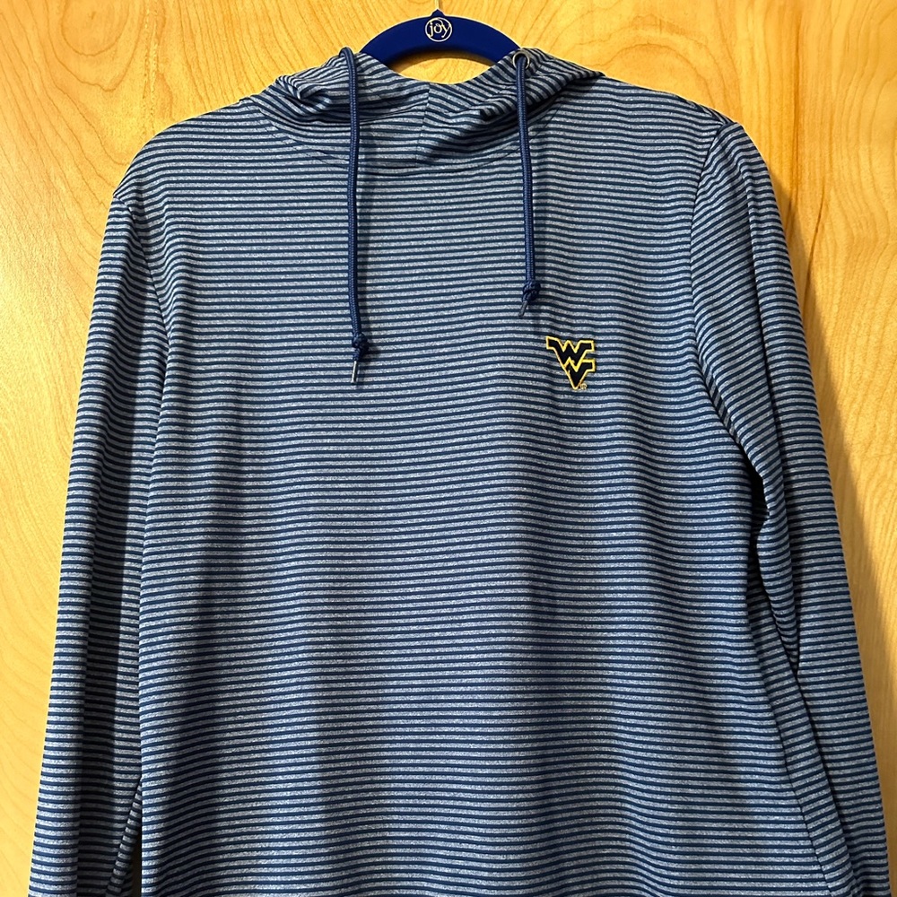 Blue striped WVU pullover hoodie.